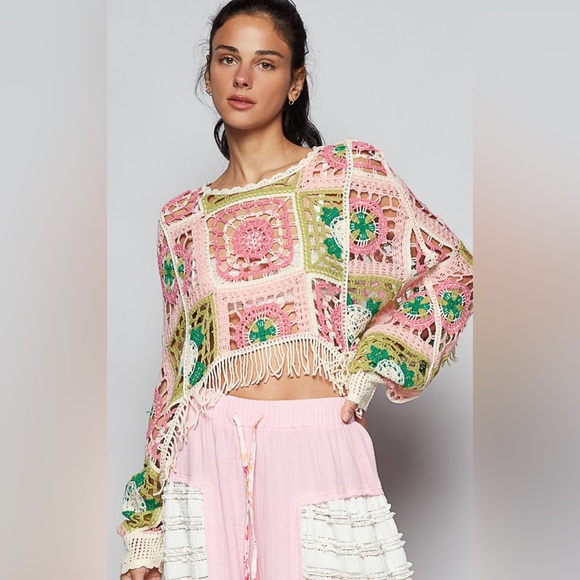 POL Sweaters - P61. NEW POL Crochet Fringe Crop Sweater Colorful Pink Multi Knit Squares
